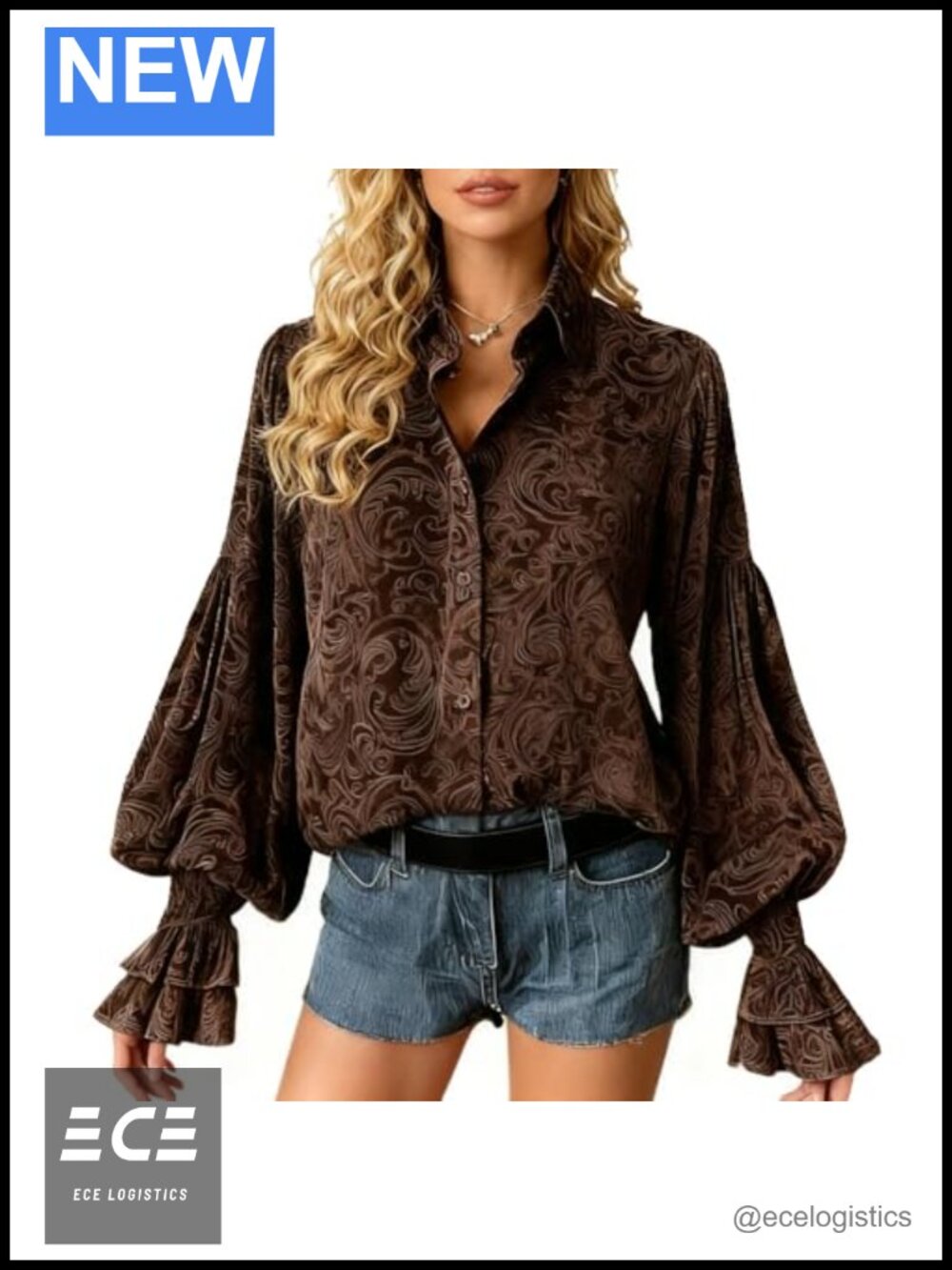 Velvet Blouse Vintage Floral Puff Sleeve Peasant Top Ruffled Cuff